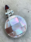 Mother of Pearl & Garnet Solid 925 Sterling Silver Pendant