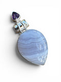 Blue Lace Agate & Amethyst Solid 925 Sterling Silver Pendant