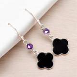 CLOVER Black Onyx & Amethyst Solid 925 Sterling Silver Earrings