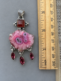 Pink Solar Quartz & Carnelian Silver Overlay Pendant