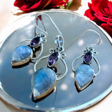 Rainbow Moonstone & Amethyst Solid 925 Sterling Silver Pendant Earrings Set
