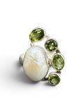 Pearl & Peridot Solid 925 Sterling Silver Statement Ring Size 8