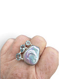 Pearl & Blue Topaz Solid 925 Sterling Silver Statement Ring Size 8.5
