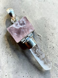 Rough Rose Quartz & Quartz point Solid 925 Sterling Silver Pendant