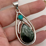 Seraphinite & Turquoise Solid 925 Sterling Silver Pendant