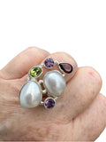 Freshwater Pearl Multi Gemstone Solid 925 Sterling Silver Ring 7.5