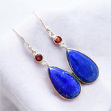 Blue Lapis & Garnet Solid 925 Sterling Silver Earrings
