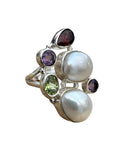 Freshwater Pearl Multi Gemstone Solid 925 Sterling Silver Ring 7.5