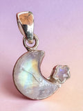 Rainbow Moonstone Moon/Stars Solid 925 Sterling Silver Pendant