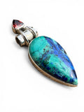 Blue Bird Azurite & Garnet Solid 925 Sterling Silver Pendant