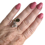 Moldavite & Herkimer Diamond Solid 925 Sterling Silver Ring Adjustable