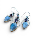 Rainbow Moonstone & Amethyst Solid 925 Sterling Silver Pendant & Earrings Set
