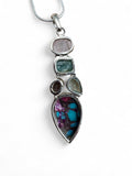 Kingman Oink Dahlia, Rose Quartz, Apatite, Amethyst & Blue Topaz Solid 925 Sterling Silver Pendant on 20 inch Chain Necklace