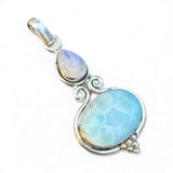 Caribbean Larimar & Rainbow Moonstone Solid 925 Sterling Silver Pendant