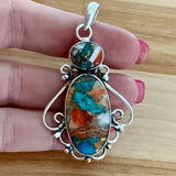 Kingman Turquoise ￼& Spiny Oyster Solid 925 Sterling Silver Pendant