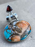 Kingman Turquoise & Spiny Oyster & Garnet Solid 925 Sterling Silver Pendant