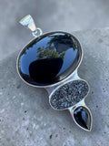 Black Onyx & Druzy Solid 925 Sterling Silver Pendant