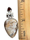 Petrified Wood & Garnet Solid 925 Sterling Silver Pendant