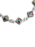 Inlaid Turquoise, Coral, Oyster, Onyx, Malachite Solid 925 Sterling Silver Bracelet