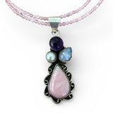 Pink Opal, Amethyst, Moonstone & Pearl Solid 925 Sterling Silver Pendant Necklace