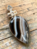 Black striped Agate & Blue Topaz Solid 925 Sterling Silver Pendant