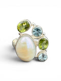 Pearl, Blue Topaz & Peridot Solid 925 Sterling Silver Ring 6