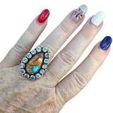 Kingman Turquoise Spiny Oyster & Aquamarine Solid 925 Sterling Silver Ring 7
