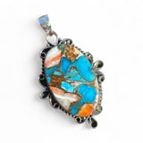 Kingman Turquoise & Spiny Oyster Solid 925 Sterling Silver Pendant