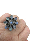 Flower Rainbow Moonstone Solid 925 Sterling Silver Ring ADJ