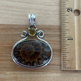 Ammonite & Citrine Solid 925 Sterling Silver Pendant