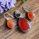 Carnelian Solid 925 Sterling Silver Pendant Earrings Set