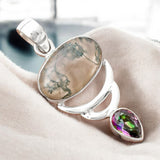 Horse Canyon Moss Agate & Fire Topaz Solid 925 Sterling Silver Pendant
