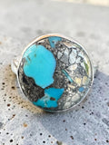 Kingman Turquoise with Pyrite Solid 925 Sterling Silver Ring 10