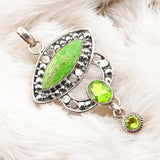 Green Mojave Turquoise & Peridot Solid 925 Sterling Silver Pendant