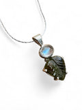 Carved Moldavite & Rainbow Moonstone Solid 925 Sterling Silver Pendant with chain