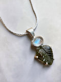 Carved Moldavite & Rainbow Moonstone Solid 925 Sterling Silver Pendant with chain