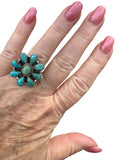 Flower Kingman Turquoise Solid 925 Sterling Silver Ring ADJ
