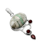 Variscite & Garnet Solid 925 Sterling Silver Pendant
