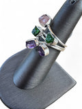 Dioptase, Amethyst & Morganite Solid 925 Sterling Silver Ring 6
