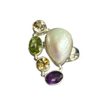 Baroque Pearl, Citrine, Amethyst & Peridot Solid 925 Sterling Silver Ring 8