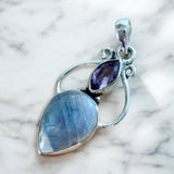 Rainbow Moonstone & Amethyst Solid 925 Sterling Silver Pendant Earrings Set