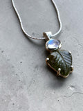 Carved Moldavite & Rainbow Moonstone Solid 925 Sterling Silver Pendant with chain