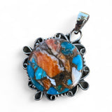 Kingman Turquoise & Spiny Oyster Solid 925 Sterling Silver Pendant