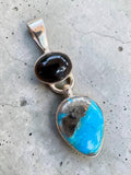 Kingman Turquoise w Pyrite & Onyx Solid 925 Sterling Silver Pendant