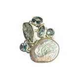 Baroque Pearl, Rough Aquamarine & Blue Topaz Solid 925 Sterling Silver Ring 10
