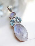 Rainbow Moonstone & Blue Topaz Solid 925 Sterling Silver Pendant