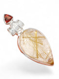 Gold Rutilated Quartz & Garnet Solid 925 Sterling Silver Pendant