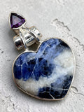 Heart Sodalite & Amethyst Solid 925 Sterling Silver Pendant