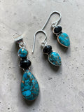 Kingman Blue Copper Turquoise & Onyx Solid 925 Sterling Silver Pendant Earrings set