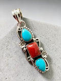 Kingman Turquoise & Italian Coral Solid 925 Sterling Silver Pendant